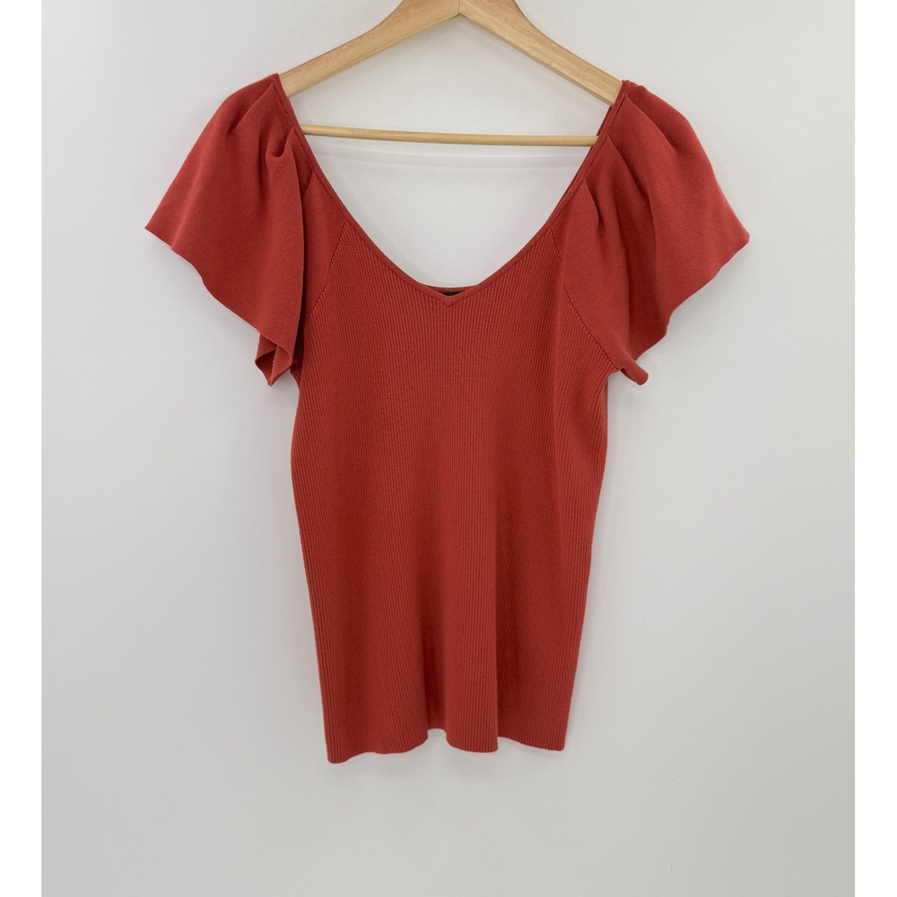 Halogen Flutter Sleeve Ribbed Knit‎ Top Rust Orange V-Neck Blouse Sz L Fallcore